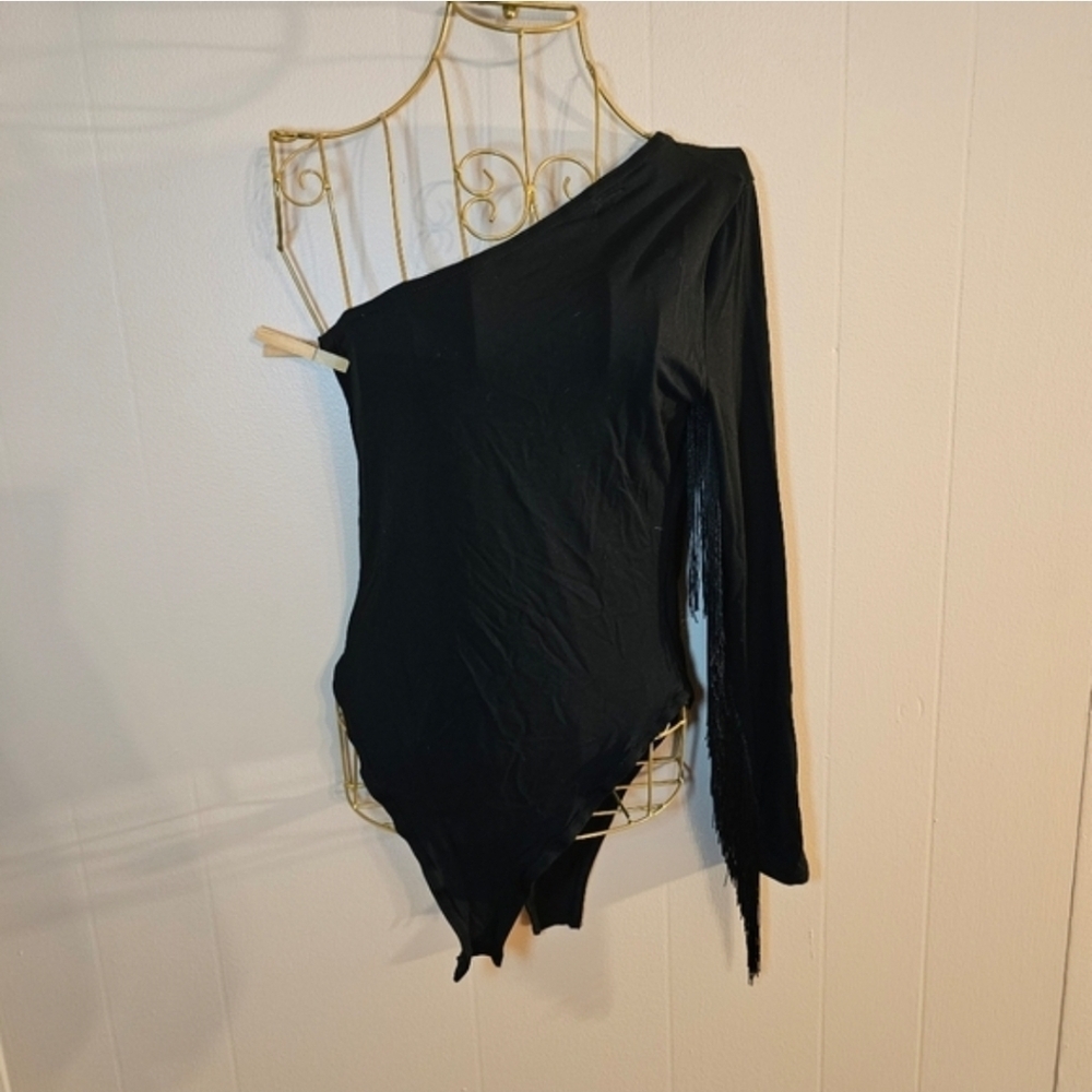 Verdusa One Shoulder Black Extra Large XL Fringe Boho Fringe Festival Bodysuit